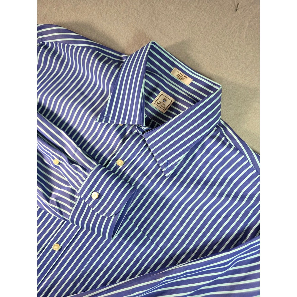 Peter Millar Mens XL Blue Green Striped Long Sleeve Button Down Cotton Shirt